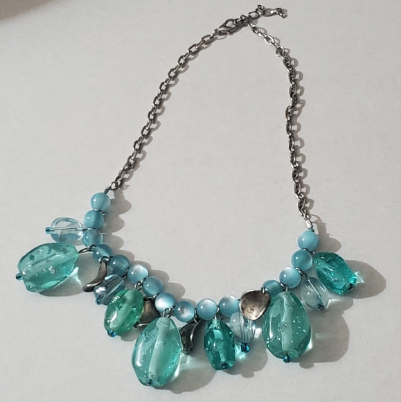 Vintage lucite aqua chunky beads cats eye silver necklace stainless steel 90's - Picture 2 of 13